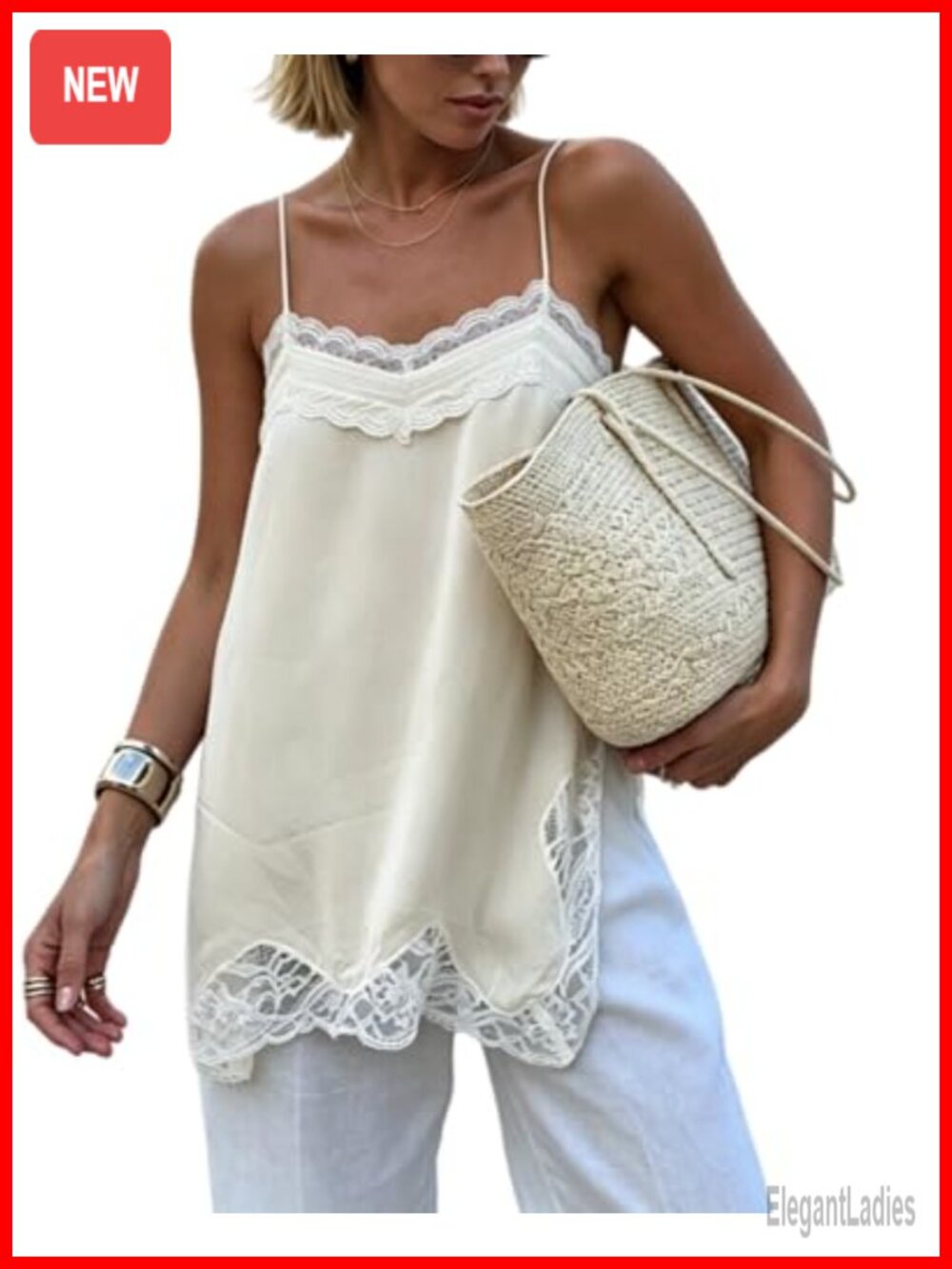 Y2K Chiffon Lace Trim Cami Side Split Tank Top - Women's